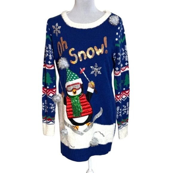 Ugly Christmas Fuzzy Tunic Sweater Size M Penguin Blue Pullover Winter Ski Poms - Picture 2 of 12